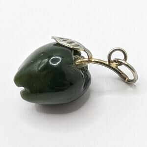 Dark Green Jade Gemstone Carved Apple Silver Tone Metal Pendant Charm Pendant